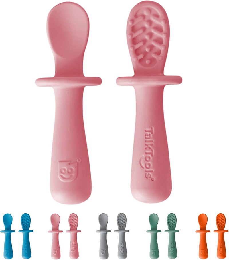 TalkTools ITSY Tiny Silicone Spoons – Twin Pack Soft Silicone Self-Feeding Training Spoons for Kids & Toddlers, Anti-Choking Flange Guard and Non-Slip Handle (Bubblegum) - Image 1